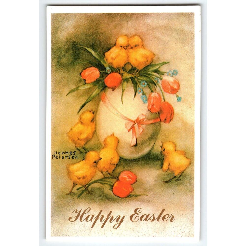 Happy Easter Postcard Hannes Peterson Baby Chicks Giant Egg Roses Hong Kong